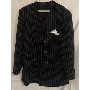 Dino Davinci Mens Double Breasted Coat Jacket Black Sz R40 Pocket White Stripes